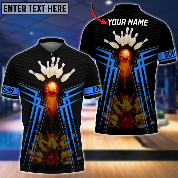 Maxcorners Blue Bowling Ball  And Pins Flame Premium Customized Name 3D Shirt
