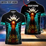 Maxcorners Cyan Bowling Ball  And Pins Flame Premium Customized Name 3D Shirt