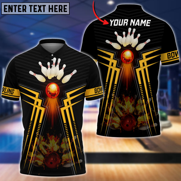 Maxcorners Yellow Bowling Ball  And Pins Flame Premium Customized Name 3D Shirt