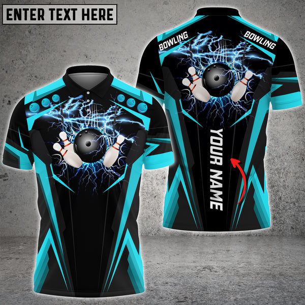 Maxcorners Cyan Bowling Ball Crashing The Pins Thunder Pattern Customized Name All Over Printed Shirt