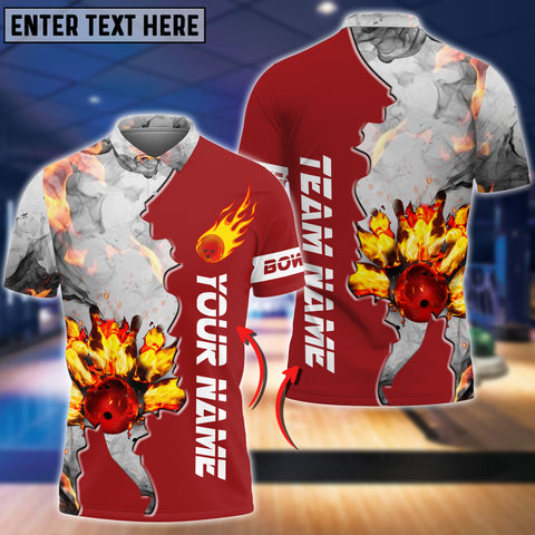 Maxcorners Red Bowling Ball And Pins Flame Grey Smoke Pattern Premium Customized Name 3D Shirt