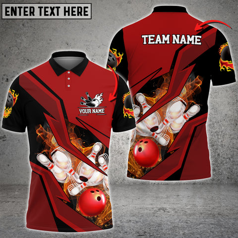 Maxcorners Red Bowling And Pins Flame Thunder Pattern Customized Name 3D Shirt