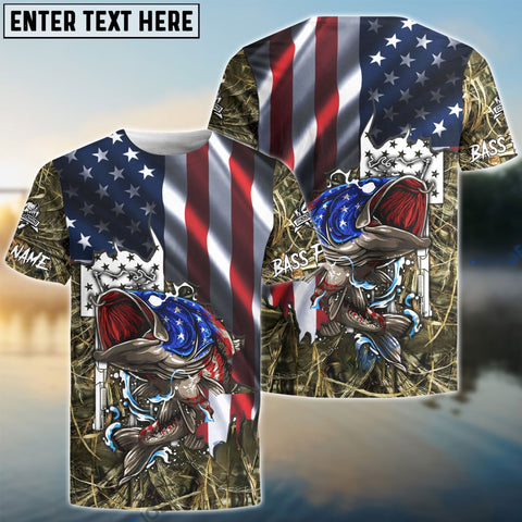 Maxcorners American Flag Patriotic Largemouth Bass Camo Fishing Custom Name 3D Shirt