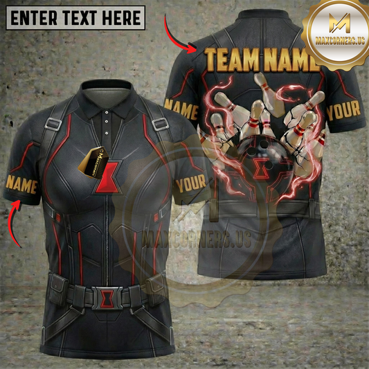 Maxcorners Bowling Black Widow Stealth Suit Strike Personalized Name 3D Unisex Shirt