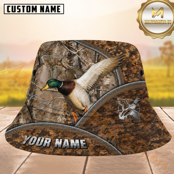 Maxcorners Duck Hunting Brown Camo Zipper Reveal Personalized Name 3D Bucket Hat