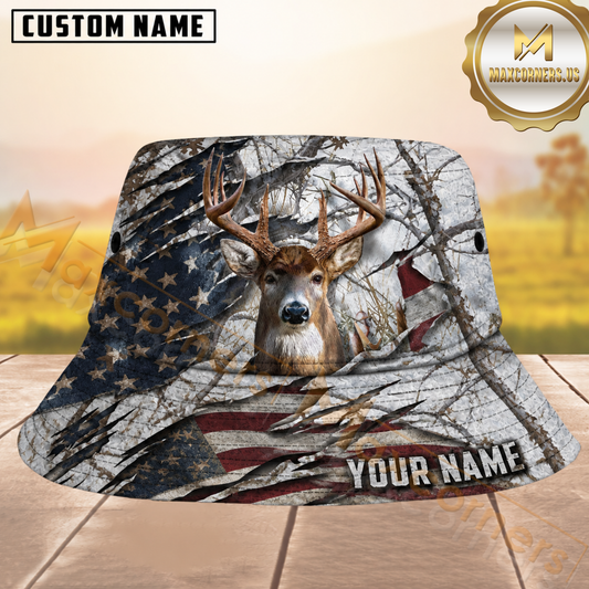 Maxcorners Deer Hunting Winter Camo Ripped US Flag Personalized Name 3D Bucket Hat
