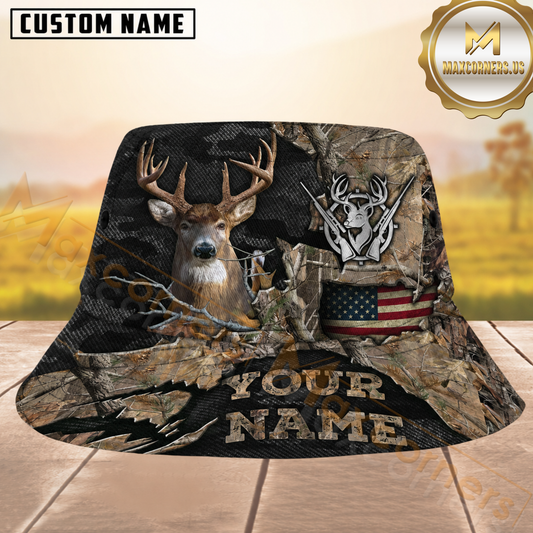 Maxcorners Deer Hunting Black and Woodland Camo Ripped US Flag Personalized Name 3D Bucket Hat