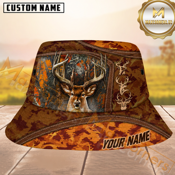 Maxcorners Deer Hunting Autumn Orange Camo Stitched Leather Personalized Name 3D Bucket Hat