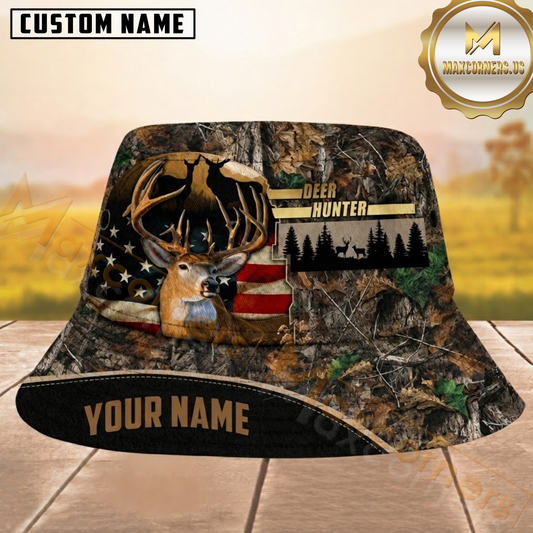 Maxcorners Deer Hunting US Flag Forest Camo Personalized Name 3D Bucket Hat