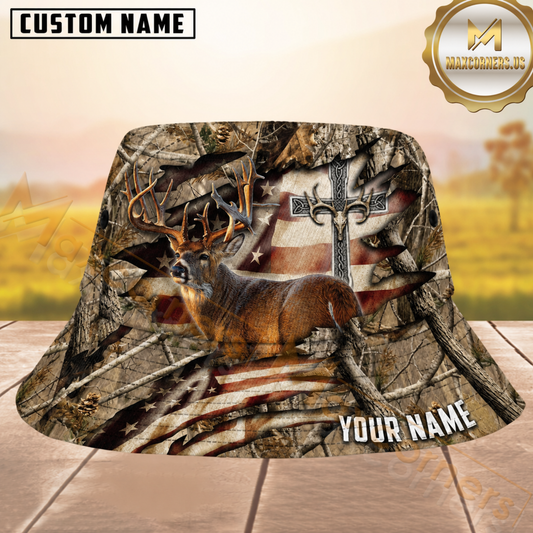 Maxcorners Deer Buck Hunting Ripped Camo US Flag and Celtic Cross Design Personalized Name 3D Bucket Hat