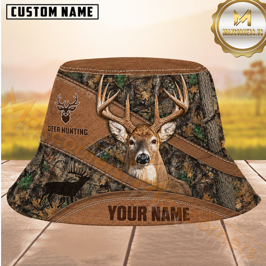 Maxcorners Buck Hunting Forest Camo and Diagonal Brown Leather Personalized Name 3D Bucket Hat
