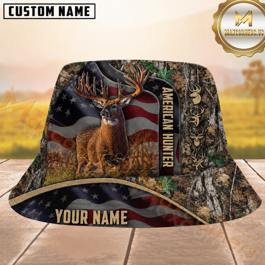 Maxcorners Deer Hunting American Flag Woodland Camo and Antler Skull Logos Personalized Name 3D Bucket Hat