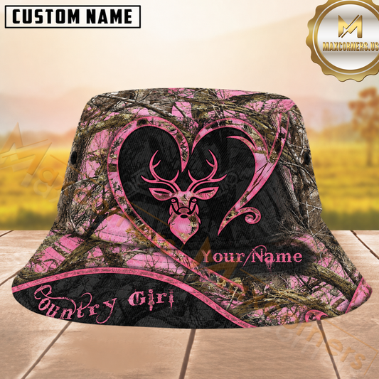 Maxcorners Deer Hunting Pink Camo Heart Pattern Personalized Name 3D Bucket Hat