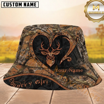 Maxcorners Deer Hunting Brown Camo Heart Pattern Personalized Name 3D Bucket Hat