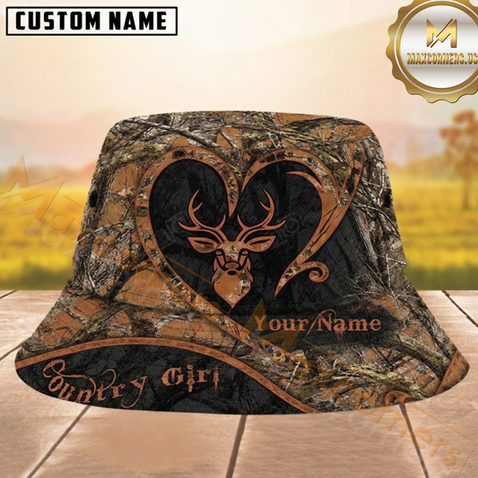 Maxcorners Deer Hunting Brown Camo Heart Pattern Personalized Name 3D Bucket Hat