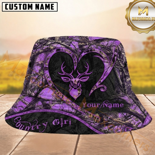 Maxcorners Deer Hunting Violet Camo Heart Pattern Personalized Name 3D Bucket Hat