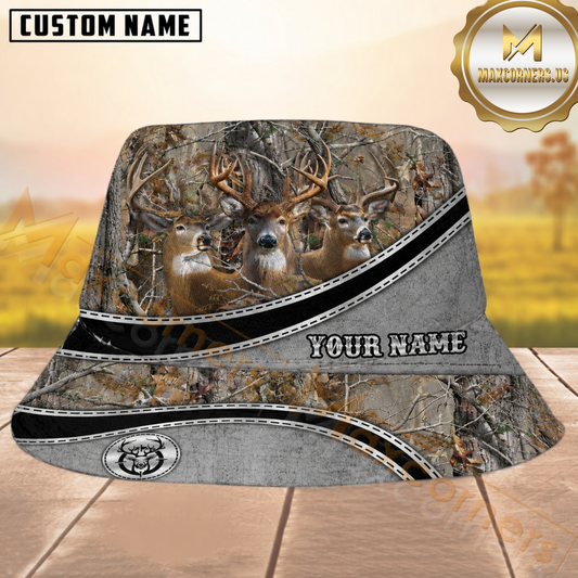 Maxcorners Deer Hunting Snow Camo and Grey Diagonal Personalized Name 3D Bucket Hat