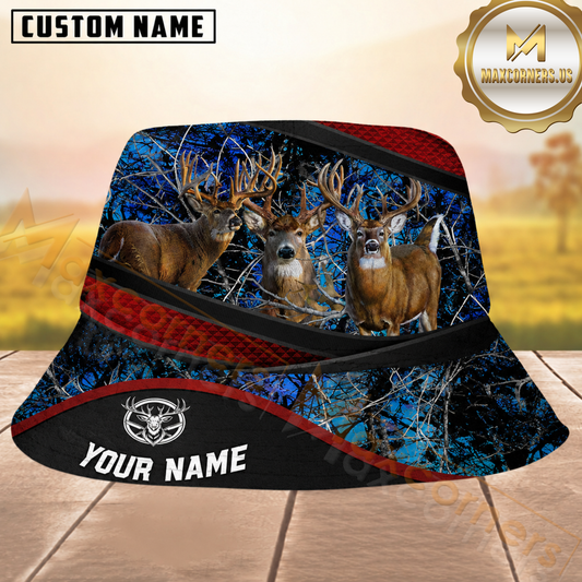 Maxcorners Whitetail Deer Hunting Blue Camo Red Mesh Personalized Name 3D Bucket Hat