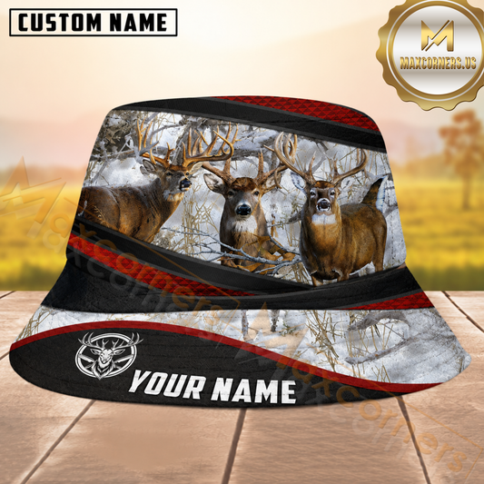 Maxcorners Whitetail Deer Hunting Snow Camo with Red Accents Personalized Name 3D Bucket Hat