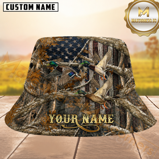 Maxcorners Duck Hunting American Flag Camo Personalized Name 3D Bucket Hat
