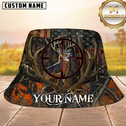 Maxcorners Deer Hunting American Flag Orange Camo Personalized Name 3D Bucket Hat