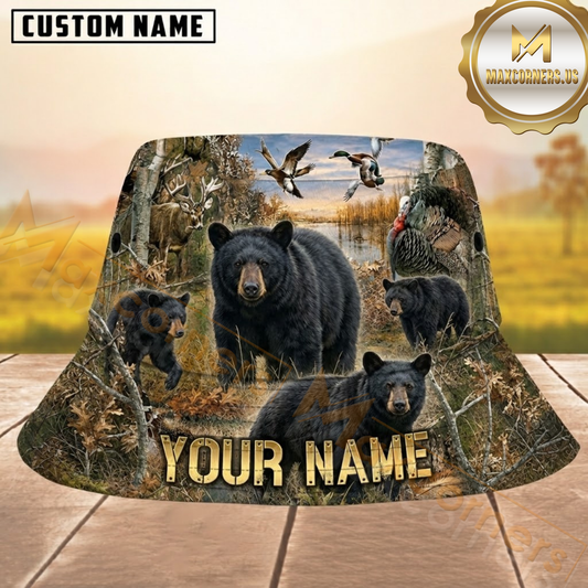 Maxcorners Black Bear Hunting Autumn Forest Personalized Name 3D Bucket Hat