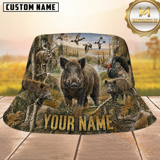Maxcorners Wild Boar Hunting Earthy Woodland Personalized Name 3D Bucket Hat