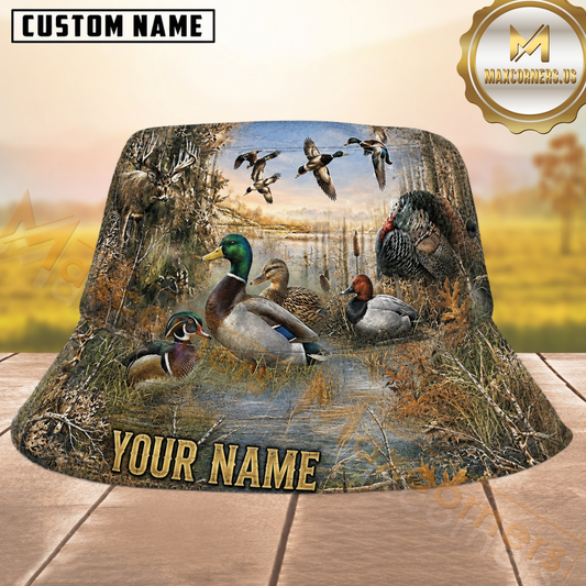 Maxcorners Duck Deer Turkey Hunting Marsh Camo Personalized Name 3D Bucket Hat