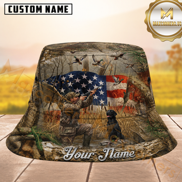 Maxcorners Duck Deer Dog Hunting American Flag Camo Personalized Name 3D Bucket Hat