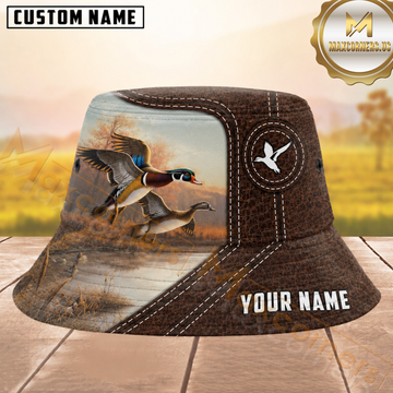 Maxcorners Duck Hunting Rustic Leather Wood Duck Scene Personalized Name 3D Bucket Hat