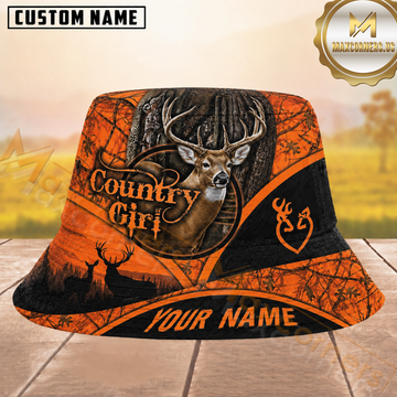 Maxcorners Country Girl Deer Buck Hunting Orange Blaze Camo Personalized Name 3D Bucket Hat