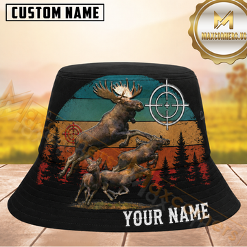 Maxcorners Moose Hunting Black Retro Sunset Personalized Name 3D Bucket Hat