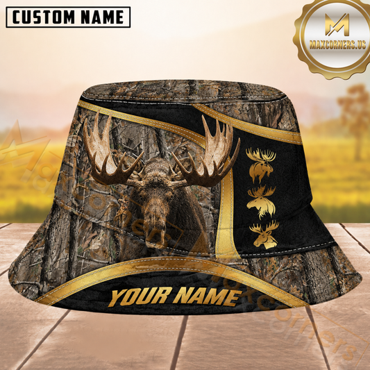 Maxcorners Moose Hunting Woodland Camo Black and Gold Trim Personalized Name 3D Bucket Hat