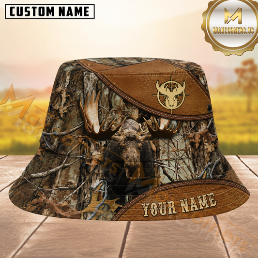 Maxcorners Moose Hunting Woodland Camo & Brown Leather Personalized Name 3D Bucket Hat