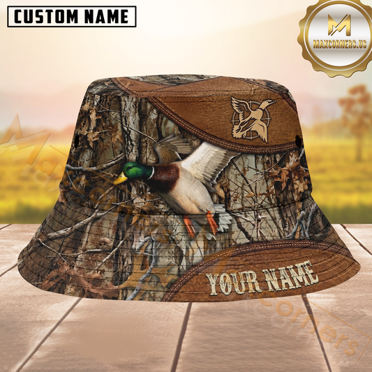 Maxcorners Duck Hunting Woodland Camo & Brown Leather Personalized Name 3D Bucket Hat