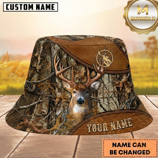 Maxcorners Deer Hunting Woodland Camo & Brown Leather Personalized Name 3D Bucket Hat