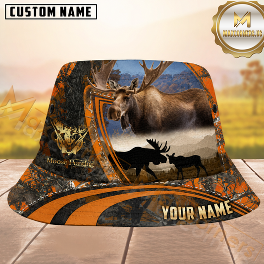 Maxcorners Moose Hunting Orange Black Woodland Camo Personalized Name 3D Bucket Hat