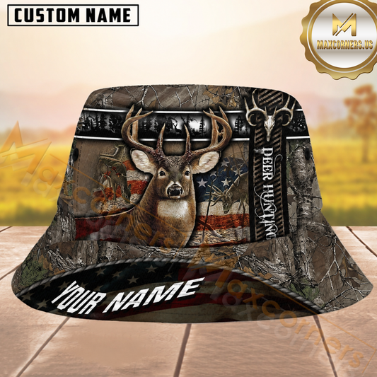 Maxcorners Deer Hunting Patriotic Woodland Camo Cross Personalized Name 3D Bucket Hat