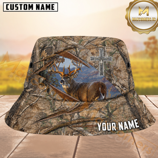Maxcorners Deer Hunting Brown Leather Woodland Camo Cross Personalized Name 3D Bucket Hat