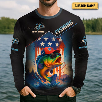Maxcorners American Hooker Fishing UPF Shirts, American Flag Fish Shirt, Long Sleeve Fishing Shirts, Personalized Fishing Gifts