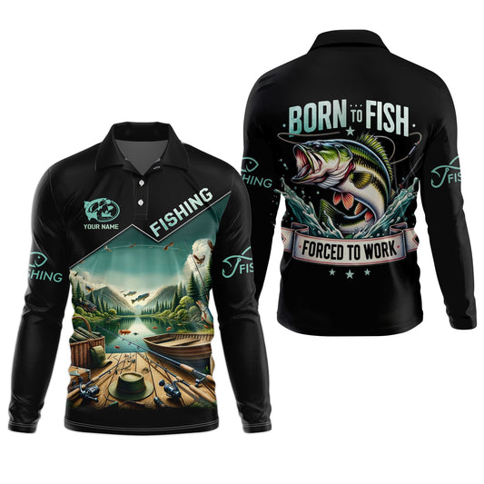 Maxcorners Born To Fish Forced To Work Funny Fishing Shirts, UV Protection Shirt, Long Sleeve Fishing Shirts, Mens Casual Shirts