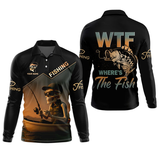 Maxcorners WTF Where's The Fish, Funny Skeleton Shirts, Fishing UV Shirts, Gag Gifts For Men, Mens Casual Shirts
