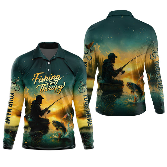 Maxcorners Fishing Therapy, Long Sleeve Sun Shirt, SPF Shirts For Men, Gag Gifts For Men, Mens Casual Shirts