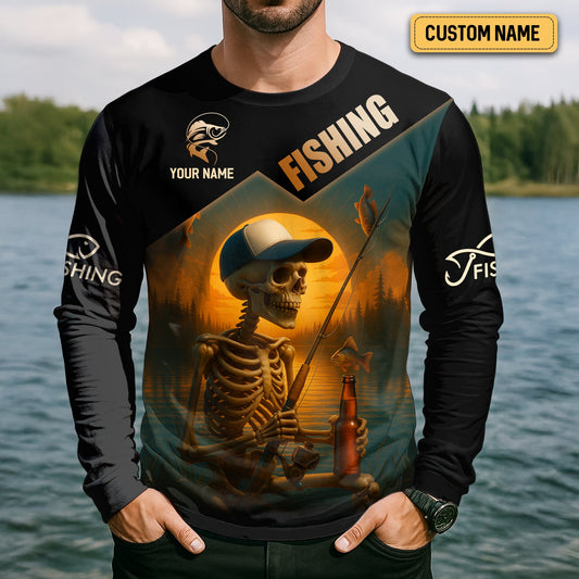 Maxcorners Fish And Beer, Skeleton Fishing, Funny Fishing Shirts, SPF Shirts For Men, Long Sleeve Tops