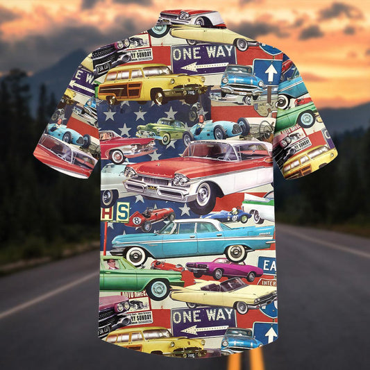 Maxcorners American Vintage Classic Car Collage Street Sign Hawaiian Shirt