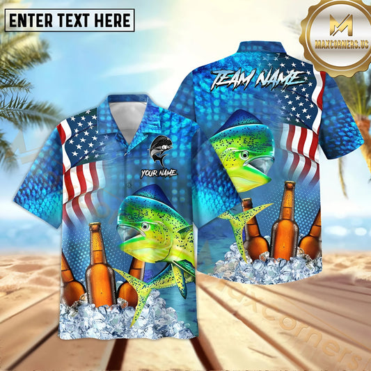 Maxcorners Mahi-Mahi Fishing USA Flag Blue Beer Pattern Sport Jersey Personalized Name, Team Name Hawaiian Shirt