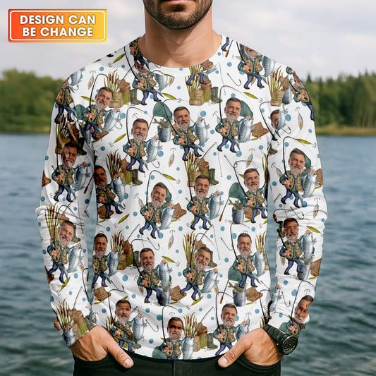 Maxcorners Custom Face White Funny Fishing Shirt, Personalized Fishing Shirt, Gift For Fisherman, Men's Fishing Shirt