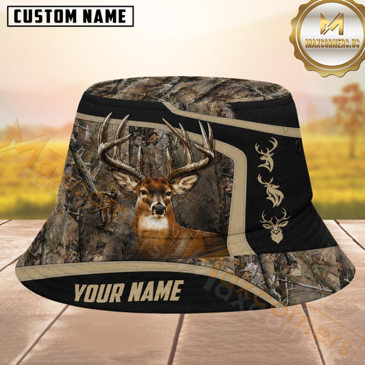 Maxcorners Buck Hunting Woodland Camouflage and Black Panels with Multiple Buck Accents Personalized Name 3D Bucket Hat