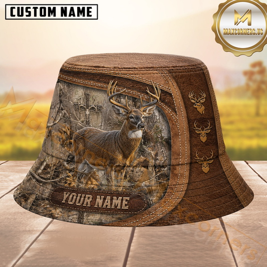 Maxcorners Buck Hunting Leather-Stitched Camo Personalized Name 3D Bucket Hat
