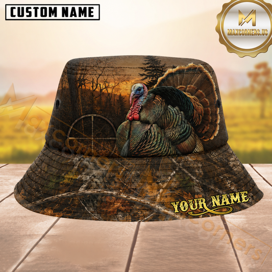 Maxcorners Wild Turkey Hunting Crosshair Brown Camo Personalized Name 3D Bucket Hat
